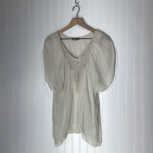 Carla Conti Italy 100% Silk Boho Peasant Blouse S | Crochet Lace Detail Cottage - Picture 1 of 8